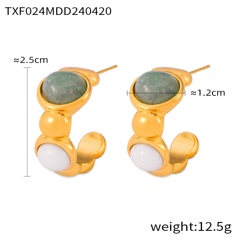 Wholesale Geometric inlaid natural stone stitching round beads titanium steel jewelry set